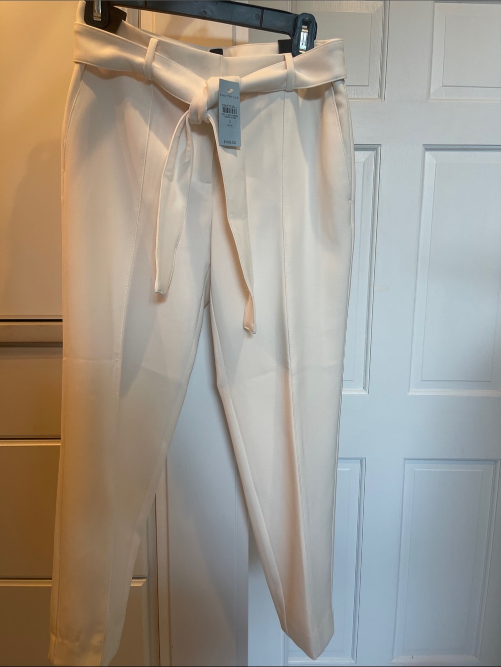 Ann Taylor Cream Tie-Waist Tapered Pants